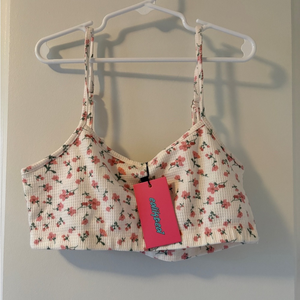 Edikted Cream Ribbed Crop Top with Pink Floral Print